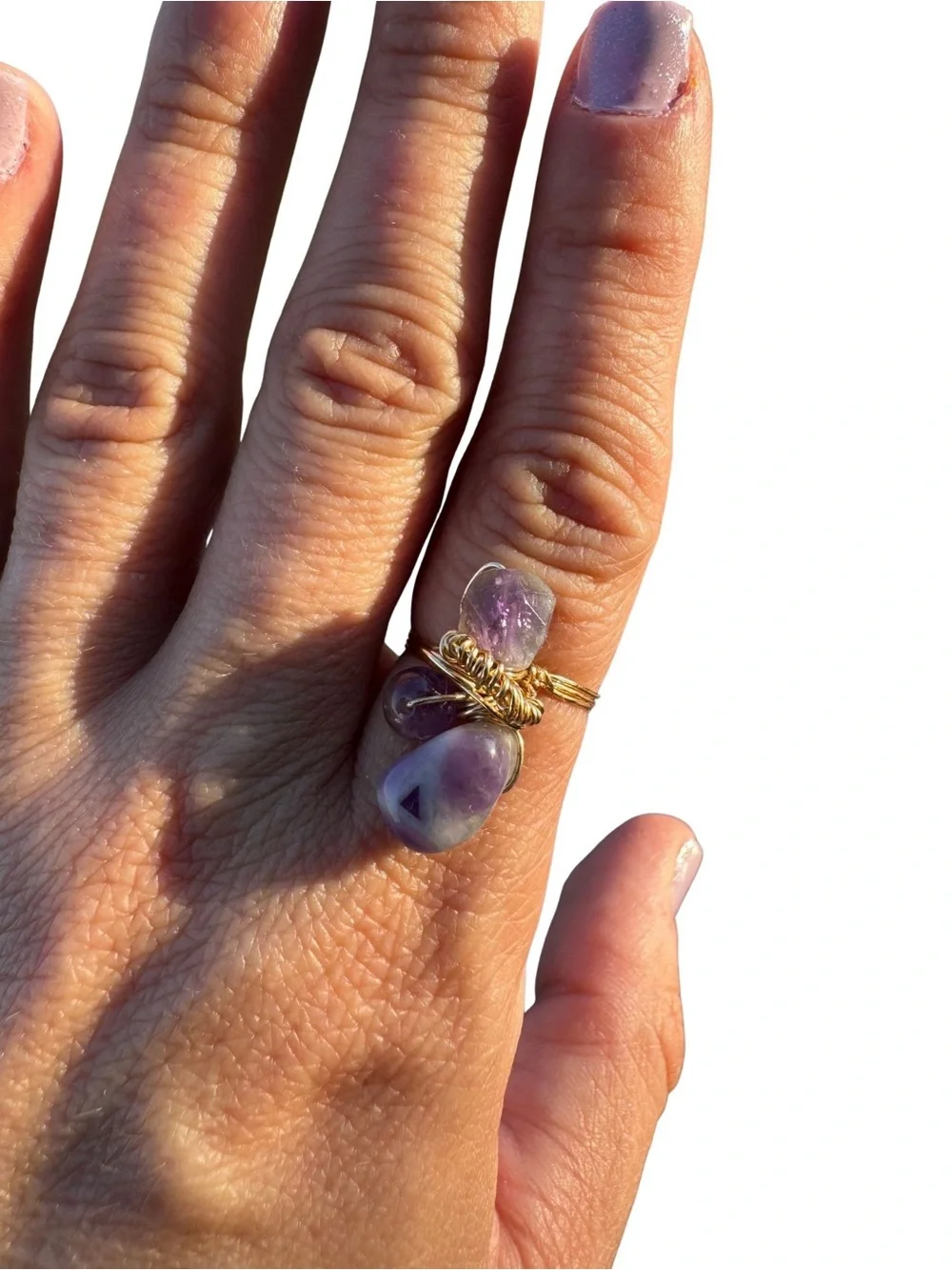 Handcrafted Golden Wire Amethyst Cluster Ring - Purple